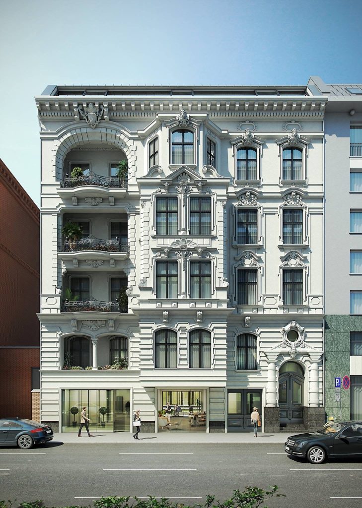 Architekturvisualisierung einer reich verzierten hellen Gebäudefassade an einer Straße.