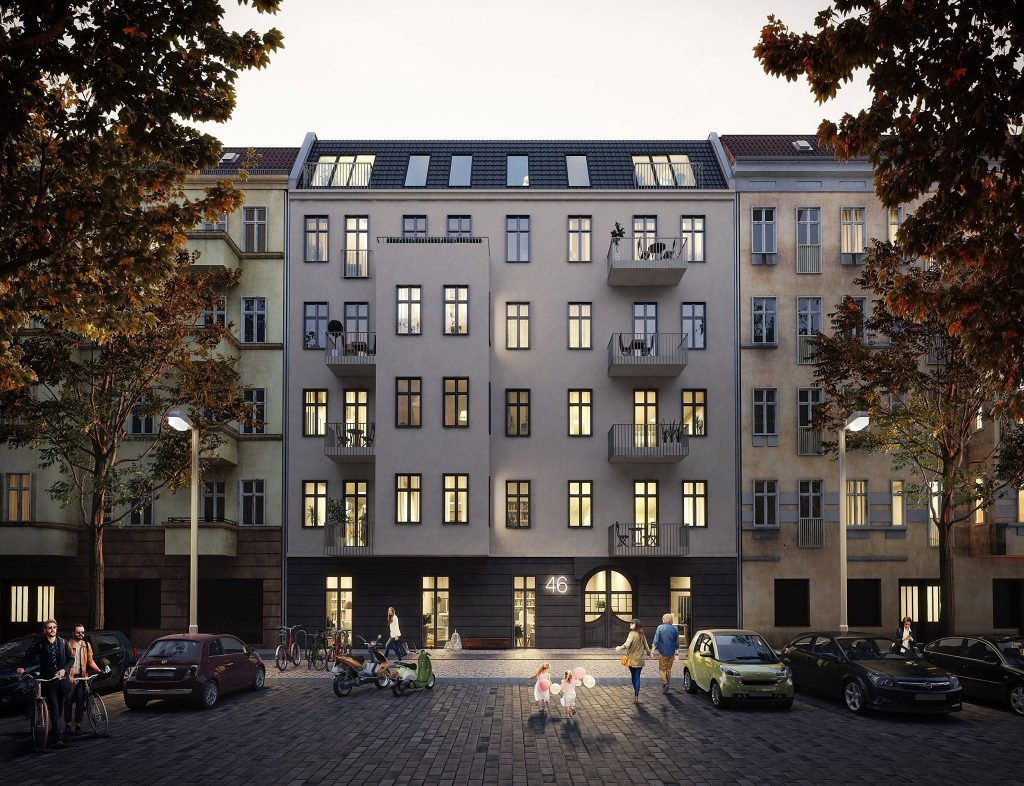 Architekturvisualisierung eines mehrgeschossigen Gebäudes mit Balkonen an einer baumgesäumten Straße.